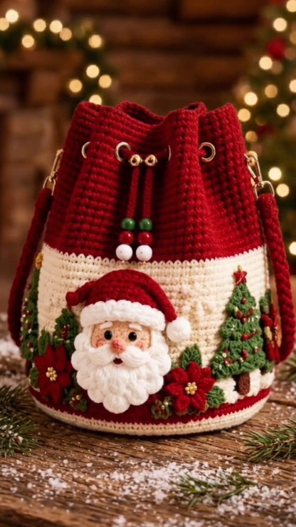 Crochet Drawstring Bag – Handmade & Festive Winter Wonderland Purse