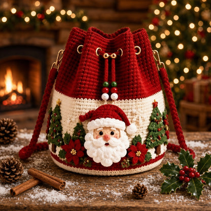 Crochet Drawstring Bag – Handmade & Festive Winter Wonderland Purse