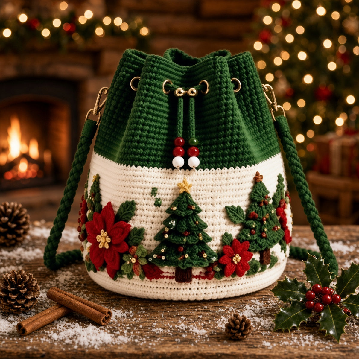 Crochet Drawstring Bag – Handmade & Festive Winter Wonderland Purse