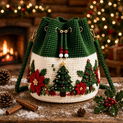 Crochet Drawstring Bag – Handmade & Festive Winter Wonderland Purse