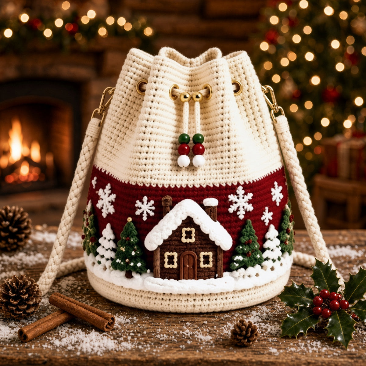 Crochet Drawstring Bag – Handmade & Festive Winter Wonderland Purse