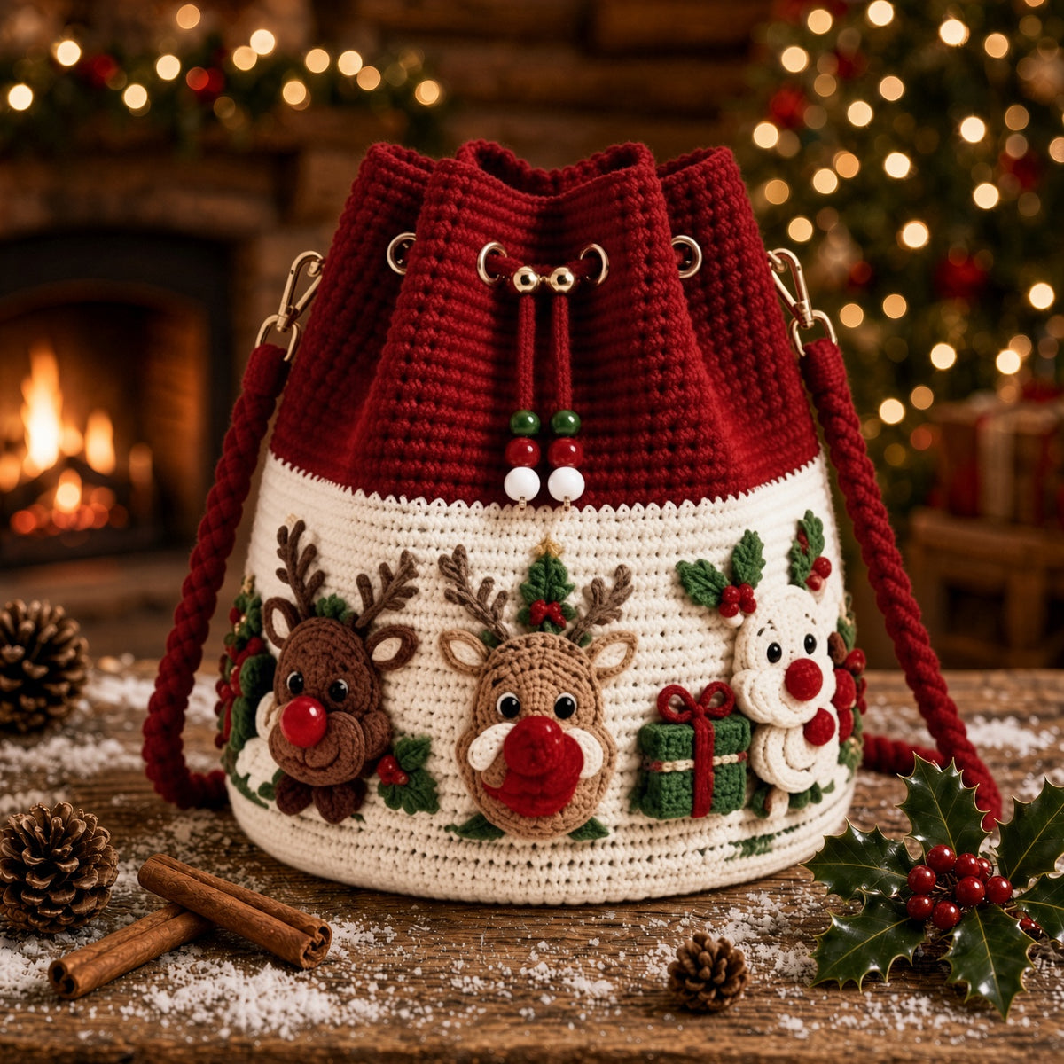 Crochet Drawstring Bag – Handmade & Festive Winter Wonderland Purse