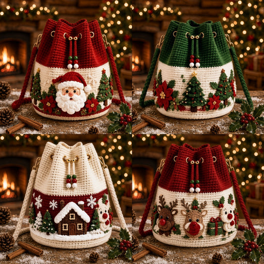 Crochet Drawstring Bag – Handmade & Festive Winter Wonderland Purse