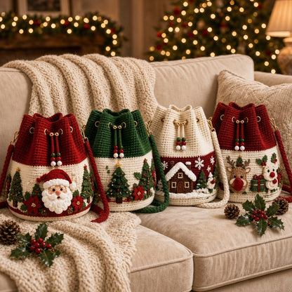Crochet Drawstring Bag – Handmade & Festive Winter Wonderland Purse