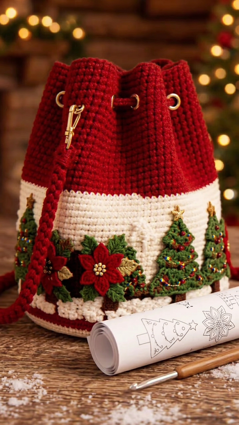 Crochet Drawstring Bag – Handmade & Festive Winter Wonderland Purse