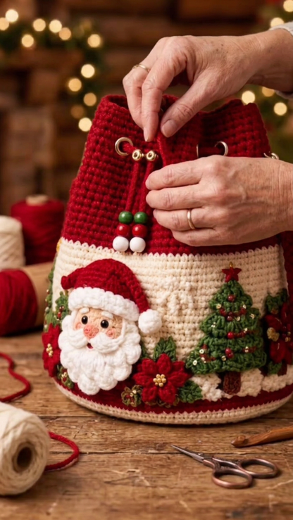 Crochet Drawstring Bag – Handmade & Festive Winter Wonderland Purse